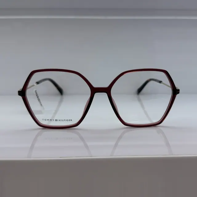 Tommy Hilfiger Hexagonal Acetate Eyeglasses, Burgundy, Women Eyeglasses by Tommy Hilfiger